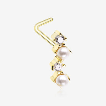 Golden Brilliant Sparkle ZigZag Pearlescent Multi-Gem L-Shaped Nose Ring-Clear Gem